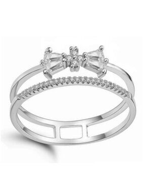 Cubic Zirconia Crystal Dainty Silver‎ Bow Halo Ring
